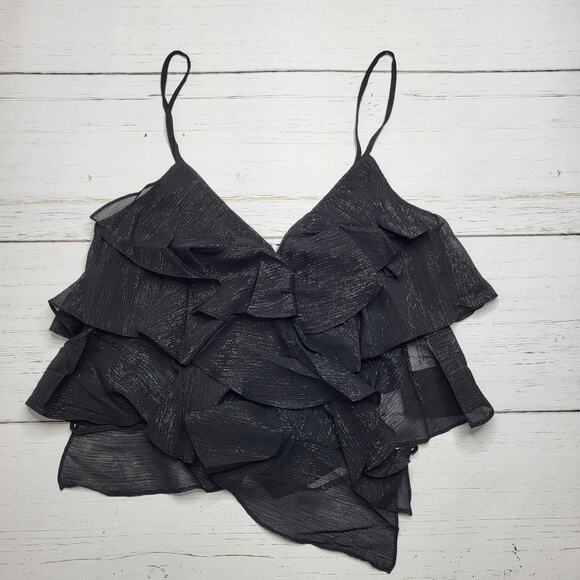 Rumored Tango Tank Top Black Shimmer  Ruffle Flounce Spaghetti Strap Medium - Picture 3 of 9